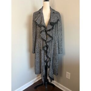 VTG Simon Chang Silk Tweed Ruffle Coat Jacket Y2K Trench Sz 12 Black White Long